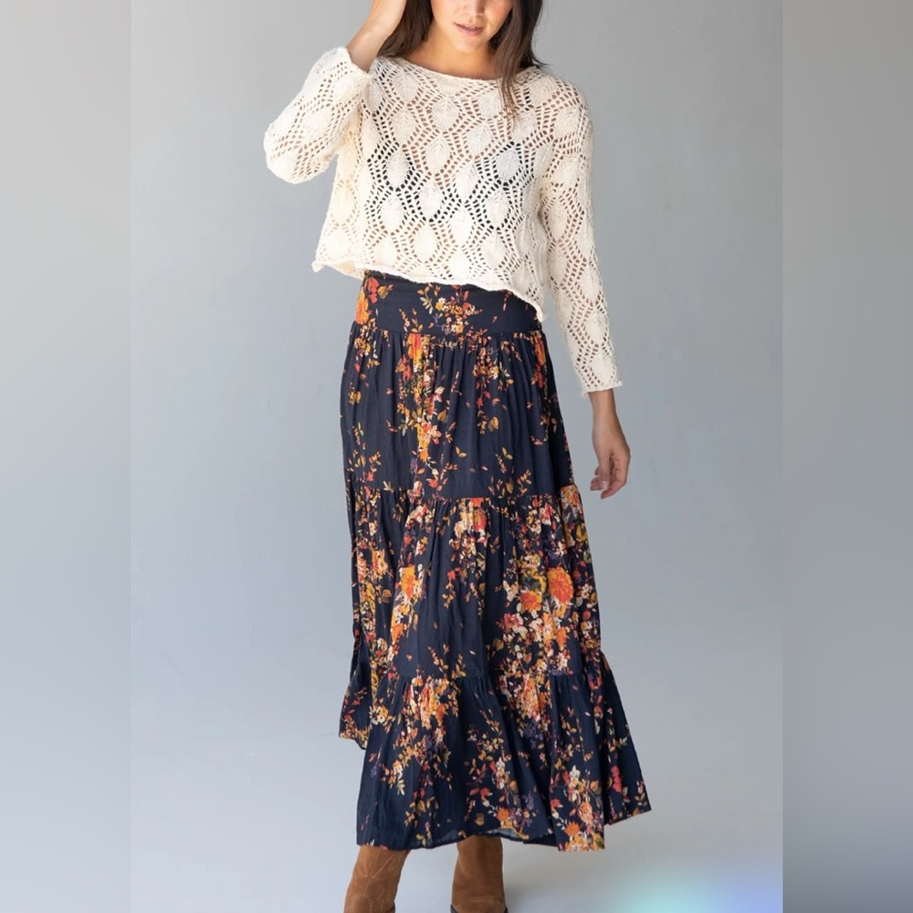 NATURAL LIFE Bohemian Floral Maxi Skirt - Navy and Orange